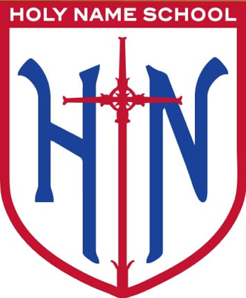 A red and white shield-shaped logo with "HOLY NAME SCHOOL" at the top, featuring blue letters "HN" and a red cross in the center, reminiscent of community symbols seen throughout San Francisco Pacific Heights orthodontist offices.