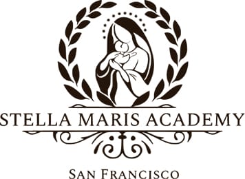 Logo for Stella Maris Academy, San Francisco, featuring a laurel wreath and an illustration of a woman holding a child, with decorative elements below the text—located near the heart of San Francisco Pacific Heights orthodontist offices.