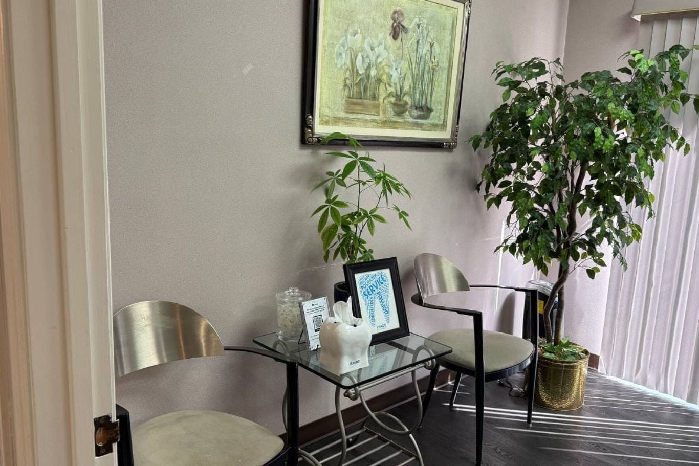 A small waiting area with two metal chairs, a glass table holding tissues and brochures, potted plants, and a framed painting on the wall. Vertical blinds cover a window.