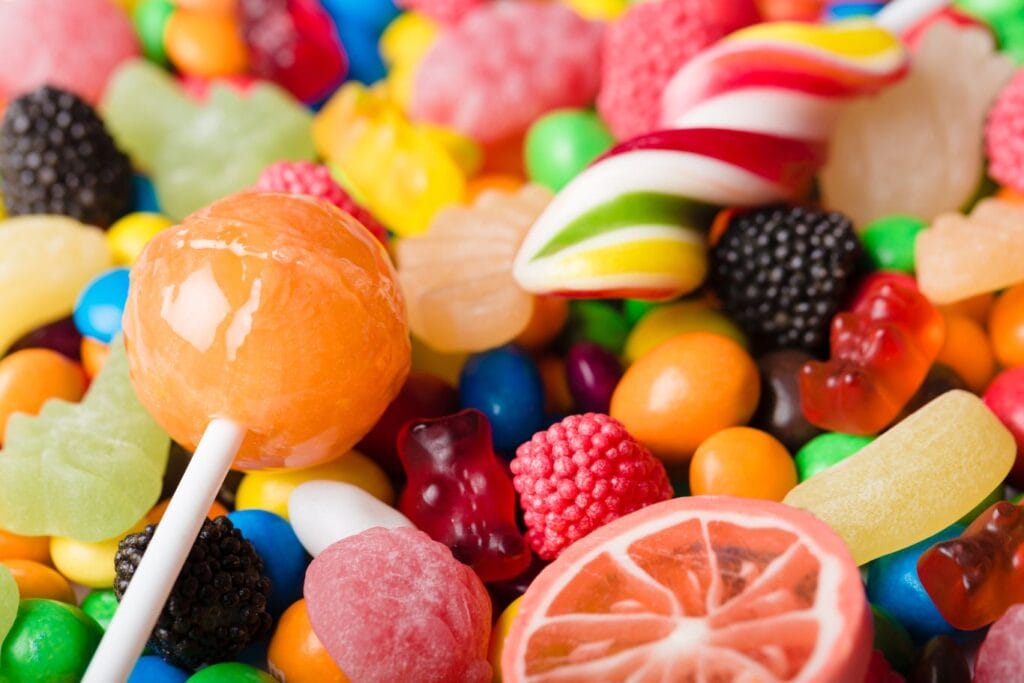 Close up of different types of candy.