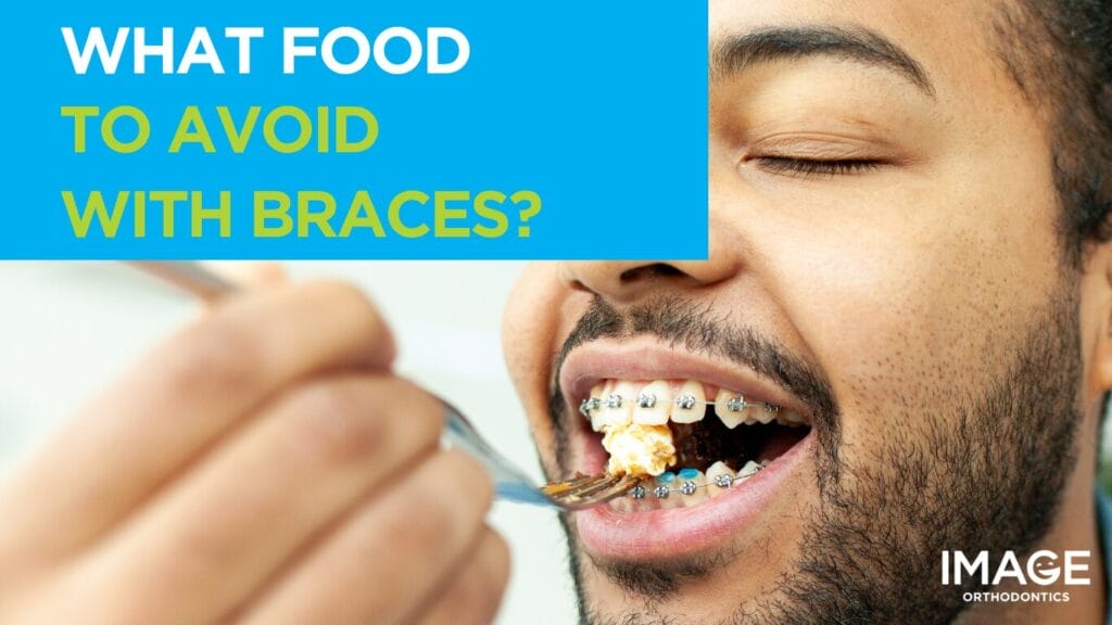 A person with braces is eating popcorn with a fork. Text on the image reads, "What food to avoid with braces?" and "Image Orthodontics" appears in the corner.