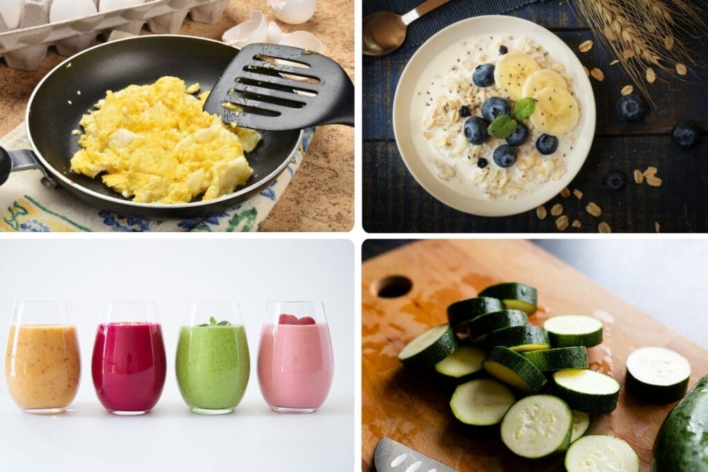 Follow us for for tips, like what snacks can you eat with braces: A collage of healthy snacks you can eat with braces, including soft scrambled eggs in a pan, yogurt topped with oats and fruit, blended fruit smoothies in glasses, and sliced zucchini