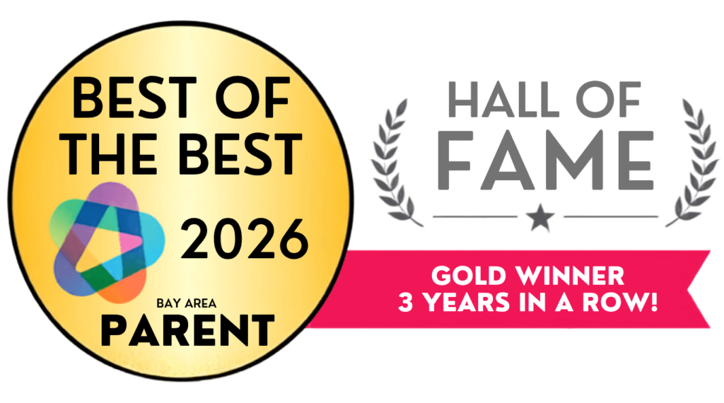Gold badge reads “Best of the Best 2026 Bay Area Parent.” Beside it, “Hall of Fame, Gold Winner 3 Years in a Row!” with laurel graphics and a pink banner—celebrating an Orthodontist for excellence in Invisalign and braces.