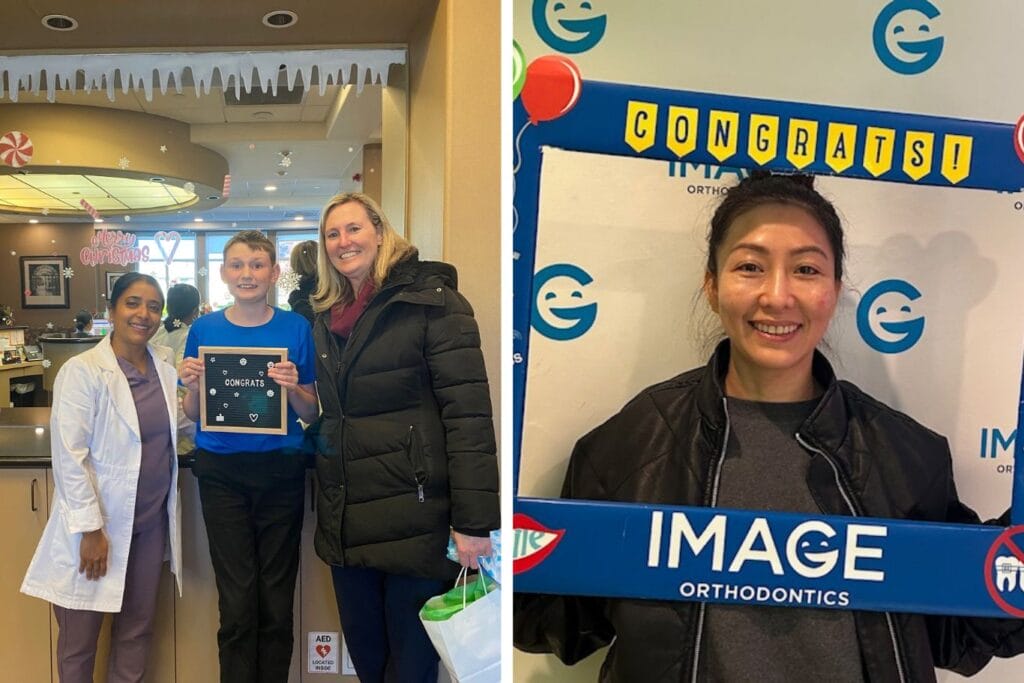 Two photos of orthodontic celebrations: a smiling teen with family and an orthodontist, and an older woman posing with a congratulatory sign at an orthodontic office