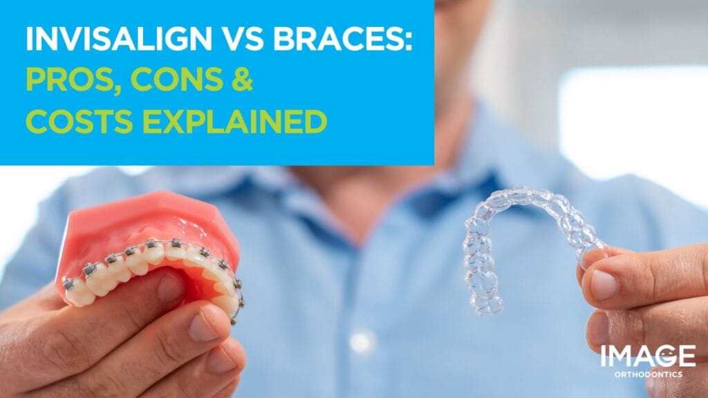 A man holding a dental model with metal braces in one hand and a clear Invisalign aligner in the other