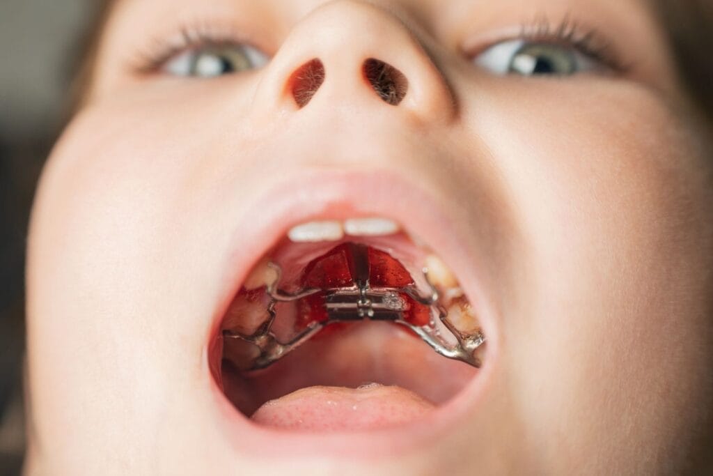 Close-up of a child's open mouth showing a red orthodontic palate expander appliance fitted to the upper teeth—an important tool in how to fix misaligned jaw issues early on.