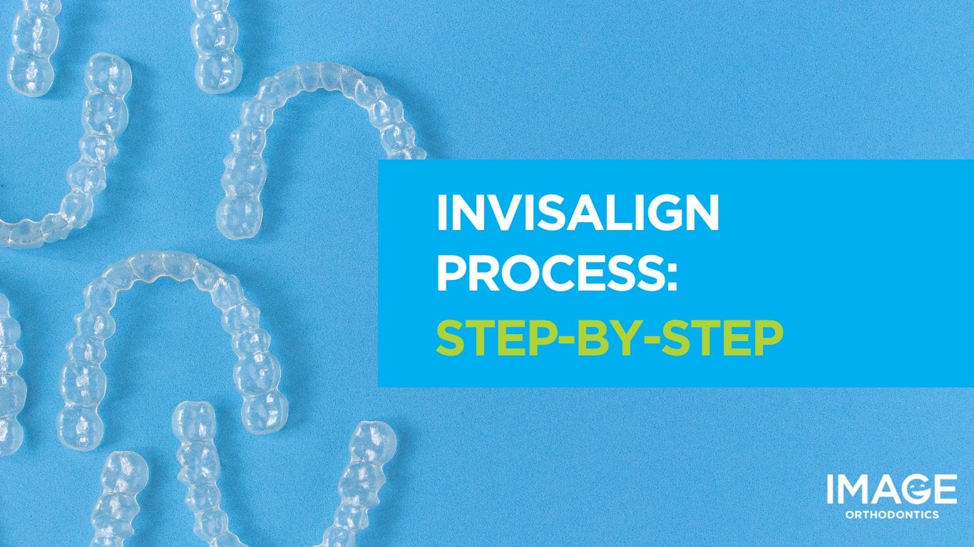 Clear Invisalign aligners arranged on a blue background.