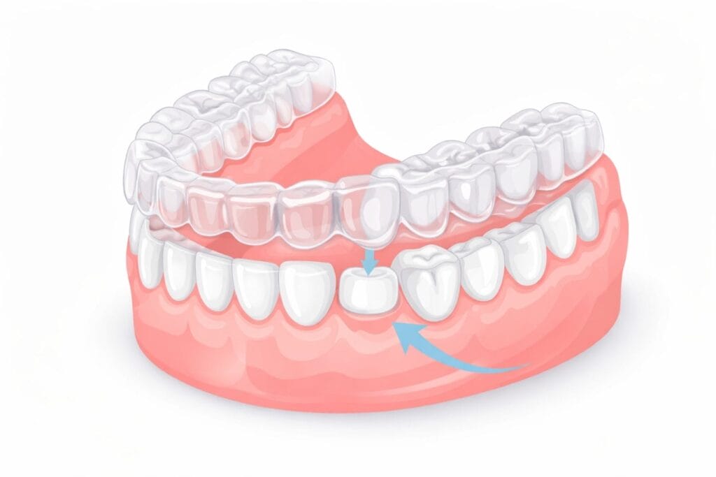 Illustration of Invisalign aligners on lower teeth, showing movement around a dental crown.