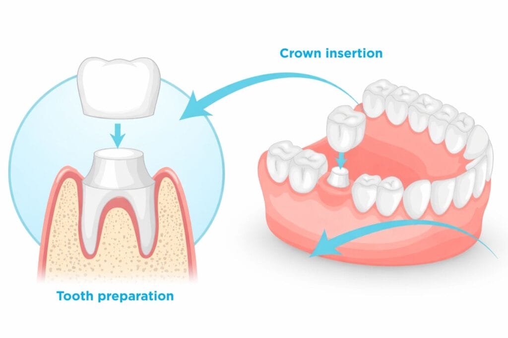 Illustration showing placement of a dental crown on a prepared tooth and its position within the jaw.