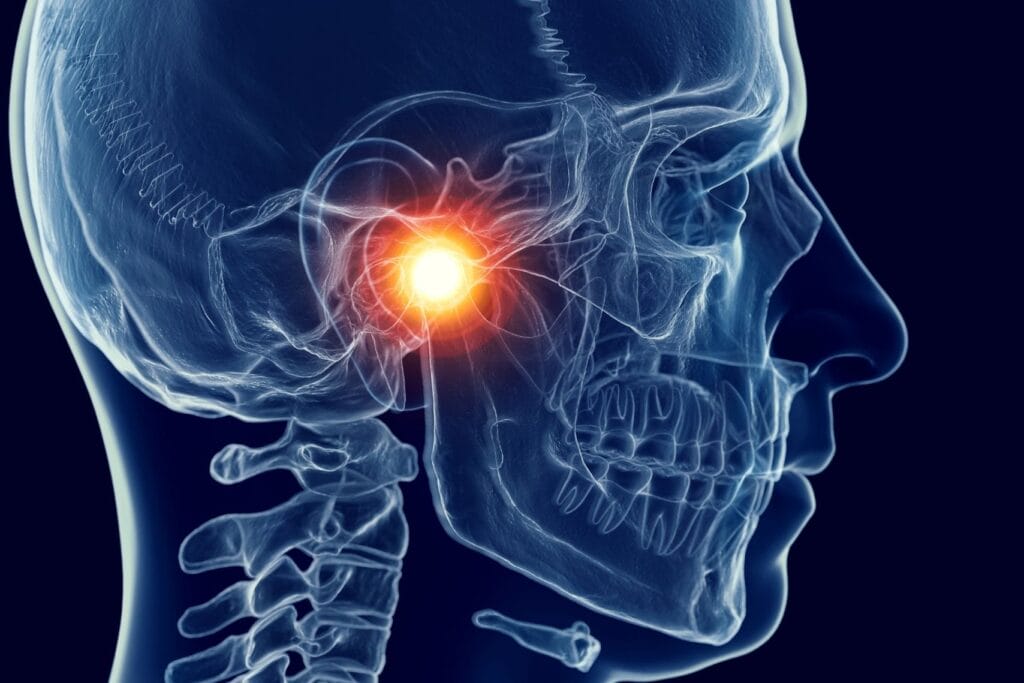 Side view X-ray illustration of a human skull with a glowing highlight at the jaw joint, indicating TMJ pain